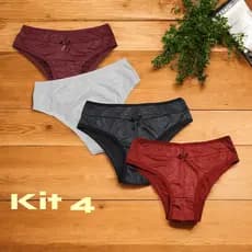Kit 4 Calcinha Senhora Cintura Alta Tanga Cós Alto Feminina com detalhes em Desenho no Tecido