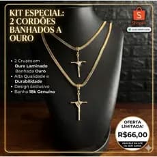 kit 2 Correntes Masculina + Pingentes Cruz E Fé Banhados A Ouro 18K Cordão Moeda Antiga