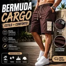 Bermuda Cargo Masculina Tactel Premium 5 Bolsos Cós Elástico Casual Confortável Com Zíper