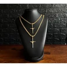Corrente E Cordão Fininho Masculino Banhado a Ouro 18k Moeda Antiga Com Pingente Cruz Religioso 60cm