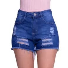 Shorts Jeans Feminino Cintura Alta Barra Desfiada Destroyed
