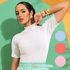 Blusa Feminina Gola Alta Manga curta  T-shirt Malha Canelada Estilosa Tendência