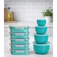 KIT COM 9 POTES DE PLÁSTICO COR TIFANY LINHA ECO - PLÁSTICO GRASSO E RESISTENTE. 4 BOWLS E 5 POTES COM TRAVAS  DE SEGURA