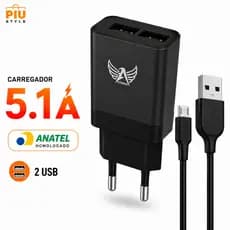 Carregador Turbo 5.1A 2 USB Altomex AL-7702-V8 + Cabo Micro USB V8 Homologado Anatel