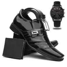 Sapato Masculino Verniz Social + Cinto + Carteira + Relógio Ponteiro