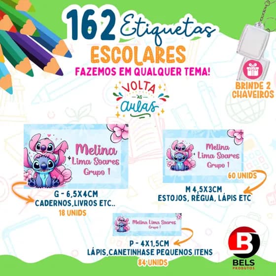 162 Etiquetas Adesivas Escolares Personalizadas em Vinil + 2 Chaveiros Personalizados