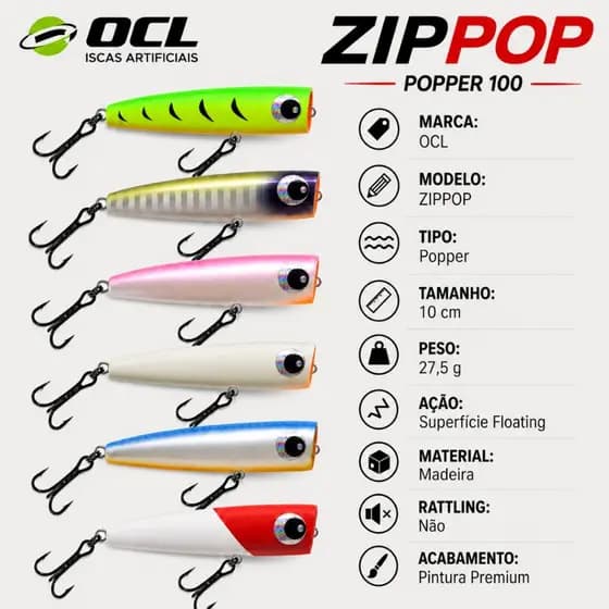 Isca artificial para pesca de Superfície Popper OCL ZipPop 10cm 27,5g Tucunaré Traira