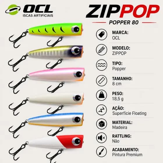 Isca artificial para pesca de Superfície Popper OCL ZipPop 8,5cm 18,5g Tucunaré Traira