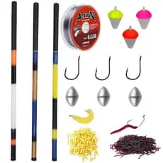 KIT Peca Completo 3 Varas Telescópicas 3,60M Linha Anzol Boia Chumbo Iscas