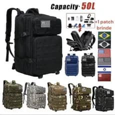 Mochila 50 Litros + 1 PATCH Tática Militar Camuflada Exército Camping viagem Resistente a Água