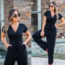 Macacão Longo Feminino Social Transpassado Manga Curta Básico Moda Feminina