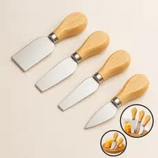 Conjunto Para Queijo Cortar Kit Servir Queijo 4 Peças Aço Inox Com Cabo De Madeira Frios Em Bambu