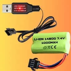 Carregador Com Bateria 1000mAh 7.4v 14500 P/ Arminhas de gel Carrinho de controle Sm 4 pinos