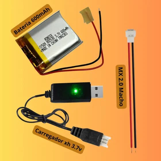 Kit Completo: Carregador USB + Bateria Lipo 3.7V 600mAh C/ Adaptador Mx 2.0