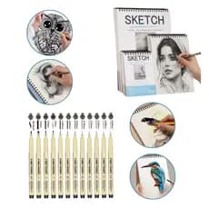 Kit Desenho Artístico Profissional 1 Caderno Sketchbook A4 24 Folhas e 12 Canetas Nanquim