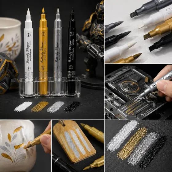 Kit 4 Canetas Marcador Permanente Acrílica Efeito Metálico Ponta Dupla Brush Desenho Pintura 3D