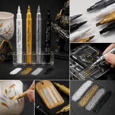 Kit 4 Canetas Marcador Permanente Acrílica Efeito Metálico Ponta Dupla Brush Desenho Pintura 3D