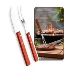 Kit 2 Utensílios Churrasco Cabo Madeira Faca e Garfo Longos