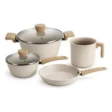 Kit Conjunto de Panela, Frigideira, Leiteira Antiaderente 4 Peças - Creme Dolce Home