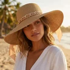 Chapéu Praia Feminino Aba Larga Floppy De Palha Com Corrente Dourada Estilo Verão CPF-13