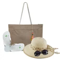 Kit Praia Feminino Básico Chapéu De Palha, Bolsa De Palha, Chinelo E Oculos De Sol, Praia E Passeios