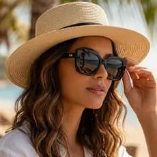 Kit Chapéu Palha Feminino Paris + Óculos Gatinho UV400 Estilo Elegante Praia Verão Moda Luxo Leve