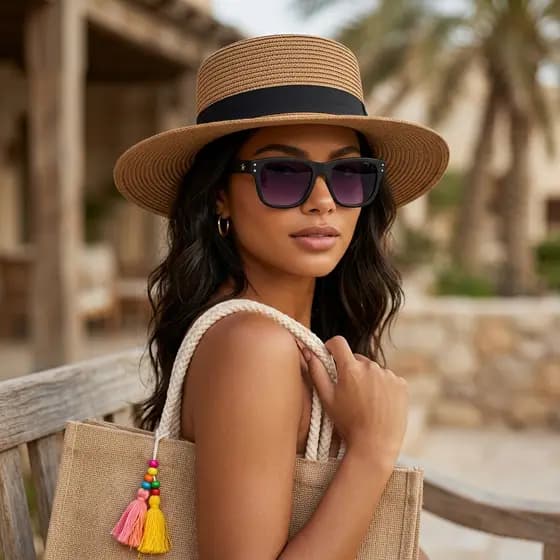 Kit Bolsa Praia Feminina Com Chapéu De Palha E Óculos MD17 UV Look Completo Verão