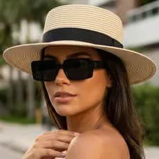 Kit Chapéu Palha Estilo Paris + Óculos  UV400 Retangular Moda Feminina Praia Viagem Elegante