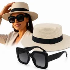 Kit Chapéu + Óculos Feminino Elegante UV400 Estilo Paris Praia Sofisticado Moda Praia