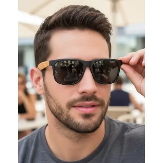 Óculos de Sol Masculino Hastes de Madeira Bambu Moderno Urbano Com Proteção UV 400 Marca Original