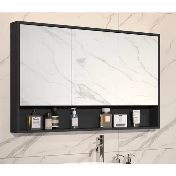 Armário Banheiro Espelheira 3 Portas Hefesto Preto Fosco