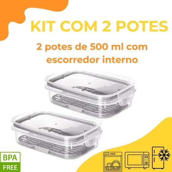 Kit Porta Frios Queijo Presunto Hermético Empilhavel com Dreno e Trava 500 Ml