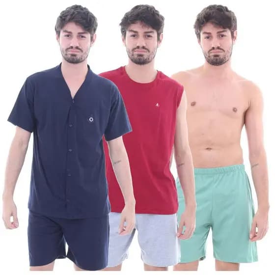 Kit 3 Pijamas Algodão Curto Masculino Mechler 003