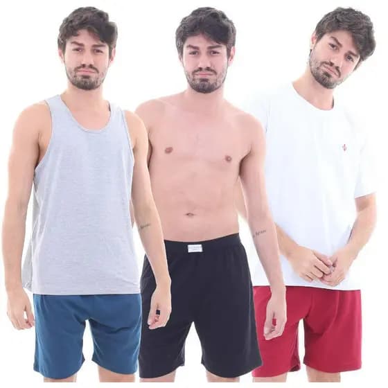 Kit 3 Pijamas Algodão Curto Masculino Mechler 004