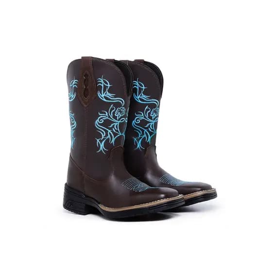 bota texana floral azul bordado feminino