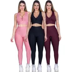 KIT 3 Conjunto Fitness Feminino Top Nadador + Calça Legging De Academia Não Fica Transparente