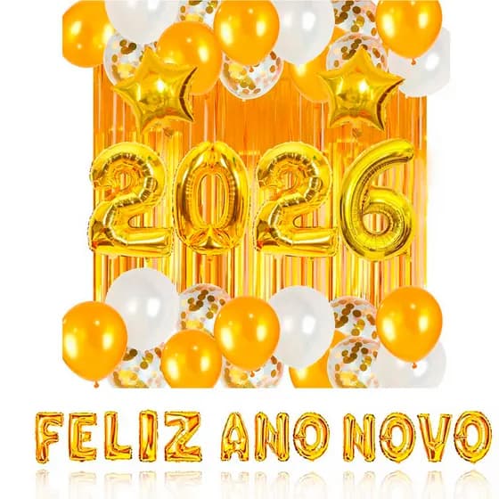 Kit Feliz Ano Novo 2026 C/ Cortina Balões Frase E Numero Completo