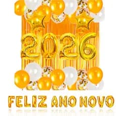 Kit Feliz Ano Novo 2026 C/ Cortina Balões Frase E Numero Completo