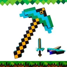 Kit Brinquedo Picareta e Espada Design Pixelado Diamante Mine C/ Luz e Som Jogo Tube Infantil