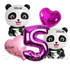 Kit 5 Balão Metalizado 2 URSO PANDA PEQUENO + N° 40CM PINK + CORAÇÃO 1 ROSA CLARO 1 PINK 22CM