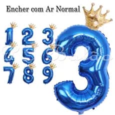 Kit Balão Metalizado 1 Coroa DOURADO 22CM + 1 Número 70CM AZUL ROYAL Decoração