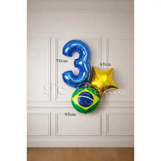 Kit 3 Balão Metalizado 1 BANDEIRA DO BRASIL + 1 Estrela DOURADO + 1 Nº 70cm AZUL ROYAL COPA DO MUNDO