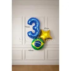 Kit 3 Balão Metalizado 1 BANDEIRA DO BRASIL + 1 Estrela DOURADO + 1 Nº 70cm AZUL ROYAL COPA DO MUNDO