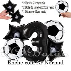 Kit 5 Balão Metalizado 2 Bola de Futebol 22cm + 1 Número 40cm PRETO + 2 Estrela 22cm PRETO Festa