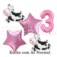 Kit 5 Balão Metalizado 2 VAQUINHA PEQUENA N° 40CM ROSA CLARO  2 ESTRELA ROSA CLARO FAZENDINHA