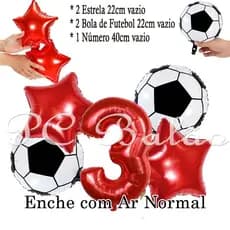 Kit 5 Balão Metalizado 2 BOLA DE FUTEBOL 22CM + Número 40cm VERMELHO + 2 Estrela 22CM VERMELHO Festa