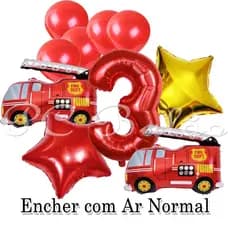Kit 10 Balão Metalizado 2 CARRO DE BOMBEIRO PEQUENO + 2 ESTRELA 22CM + N° 40CM VERMELHO + 5 BEXIGAS