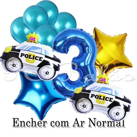 Kit 10 Balão Metalizado 2 CARRO DE POLÍCIA PEQUENO + 2 ESTRELA 22CM + N° 40CM AZUL + 5 BEXIGAS AZUL