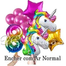 Kit 10 Balão Metalizado  N° 40CM COLORIDO + 2 UNICÓRNIO + 5 BEXIGA PINK 2 ESTRELA 22CM