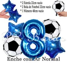 Kit 5 Balão Metalizado 2 BOLA DE FUTEBOL 22CM + 1 N° 40CM AZUL ROYAL + 2 Estrela 22CM AZUL ROYAL